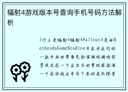辐射4游戏版本号查询手机号码方法解析